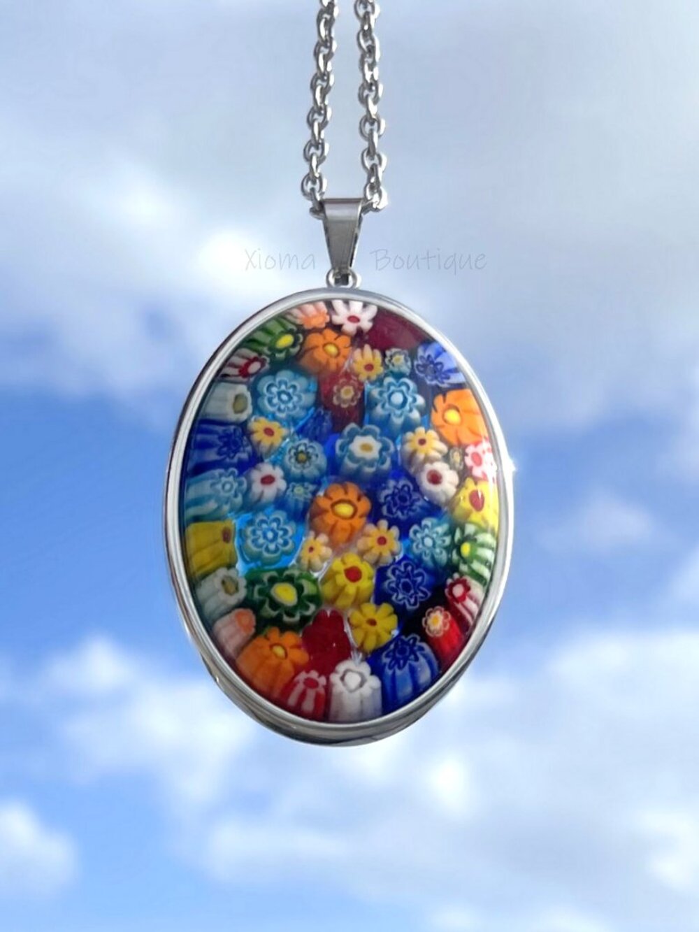 Murano Millefiori Glass Necklace Oval Pendant Multicolor Stainless Steel